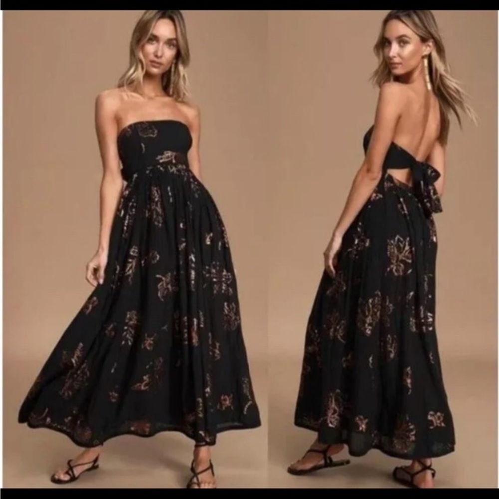 Free People Baja Babe Strapless Midi  Black Combo Copper Foil Sz   Ret $168 EUC